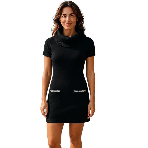 NWT INC International Concepts Cowlneck Short Sleeve Black Sweater Dress Medium - Picture 1 of 7